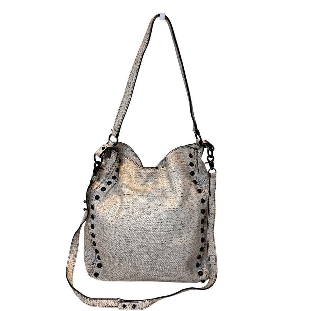 Loeffler Randall Snake Embossed Leather Studded Hobo Bag Black Hardware